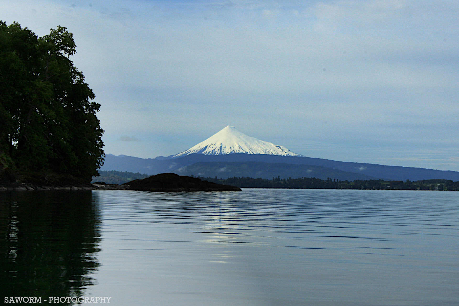 view to Volcano Osorno from the island shore